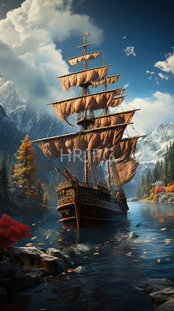 High Resolution: Ornate wooden sailing ship with billowing tan sails navigating through calm waters mountainous forest landscape during autumn download. | HRJPG.com
