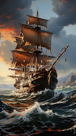 High Resolution: Ornate three-masted wooden ship with tattered beige sails navigating turbulent waves under dramatic sunset skies rugged mountains download. | HRJPG.com