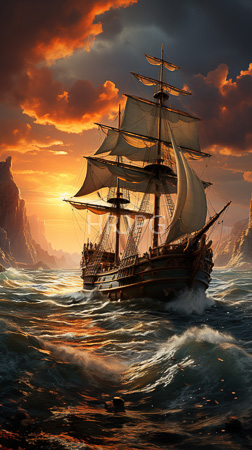 High Resolution: Ornate wooden sailing ship with billowing white sails navigating turbulent waters during sunset vibrant orange red clouds illuminate jagged cliffs download. | HRJPG.com
