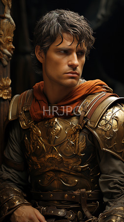 High Resolution: Young handsome man wavy brown hair fair skin wearing ornate medieval-style golden armor adorned with intricate floral patterns download. | HRJPG.com