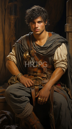 High Resolution: Attractive muscular young man curly dark hair light skin sitting in dim lighting rustic wooden surroundings layered clothing leather straps download. | HRJPG.com