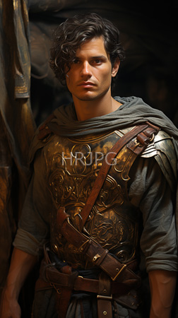 High Resolution: Actor Chris Hemsworth as an ancient warrior curly dark brown hair intense gaze wearing ornate bronze armor over gray tunic download. | HRJPG.com