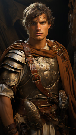 High Resolution: Handsome young man light brown hair wearing detailed medieval-style silver armor and rust-brown cloak serious expression dim lighting download. | HRJPG.com