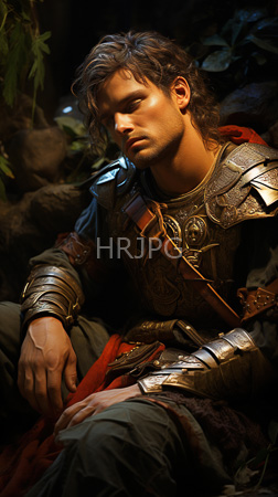 High Resolution: Young handsome man wavy brown hair light skin sitting in dim forest lighting wearing ornate medieval armor over green clothing download. | HRJPG.com