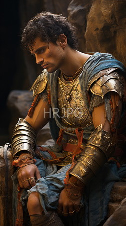 High Resolution: Attractive young man curly dark hair light brown skin sitting in dim lighting rocky background ornate golden armor intricate patterns download. | HRJPG.com