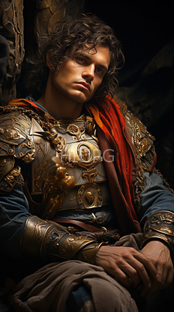 High Resolution: Attractive curly-haired young man light skin blue eyes wearing ornate medieval-style golden armor over dark clothing red cloth draped download. | HRJPG.com