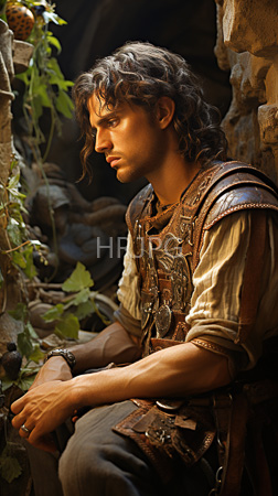 High Resolution: Attractive young man wavy brown hair light stubble sitting in dim lighting stone walls adorned by green vines layered medieval-style clothing download. | HRJPG.com