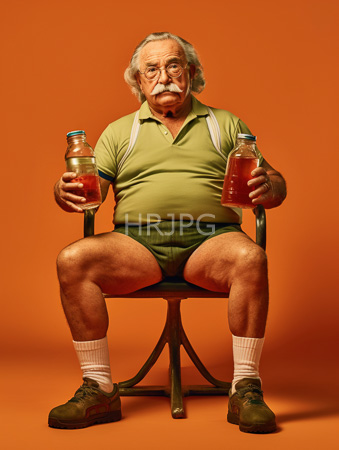 High Resolution: Elderly white man gray hair glasses and mustache sitting on metal chair orange background wearing green polo shirt matching briefs download. | HRJPG.com