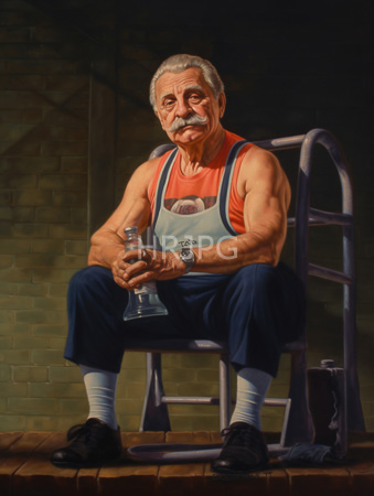High Resolution: Elderly white man gray hair and mustache wearing orange tank top under blue overalls holding glass bottle on wooden chair download. | HRJPG.com