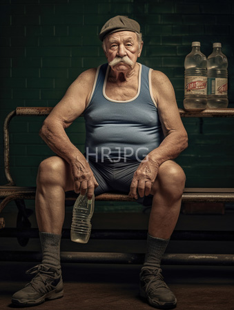 High Resolution: Elderly Caucasian man wrinkled skin white mustache and cap wearing blue tank top black shorts gray socks brown shoes sitting on metal bench download. | HRJPG.com