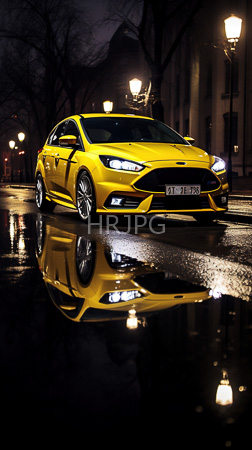 High Resolution: Sleek bright yellow sports car black accents parked on an illuminated wet street at night reflection is visible in puddles download. | HRJPG.com