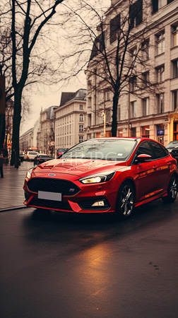 High Resolution: Red Ford Focus hatchback driving on an urban street during rainy weather wet pavement reflecting light from building windows download. | HRJPG.com