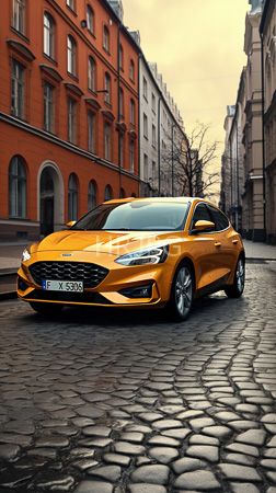 High Resolution: Orange Hyundai i30 parked on cobblestone street in European city red beige historic buildings lining both sides overcast sky download. | HRJPG.com