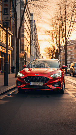 High Resolution: Sleek red sports car with LED headlights and black grille driving on an urban street at sunset bare trees download. | HRJPG.com