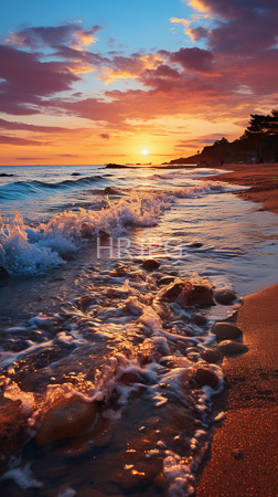 High Resolution: Ocean sunset with vibrant orange pink clouds reflecting on gentle waves that lap at rocky shorelines golden sunlight download. | HRJPG.com
