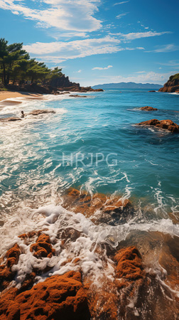 High Resolution: Idyllic coastal scene turquoise waves crashing onto reddish-brown rocky shores white foamy surf clear water sandy beach download. | HRJPG.com