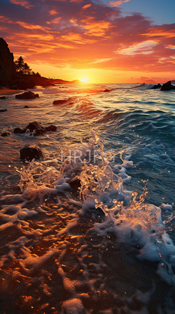 High Resolution: Ocean sunset with vibrant orange pink clouds golden sun near horizon over turquoise water splashing onto sandy shore download. | HRJPG.com