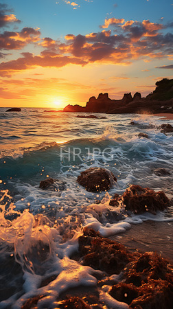 High Resolution: Ocean sunset with vibrant orange yellow hues in the sky scattered clouds reflecting sunlight waves crash onto rocky shorelines download. | HRJPG.com