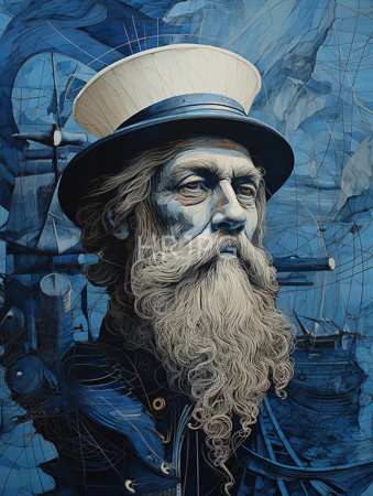High Resolution: Elderly man long wavy gray beard and mustache wearing a tall white top hat against a blue abstract background download. | HRJPG.com