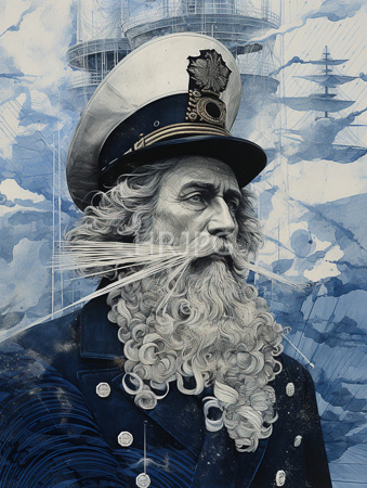 High Resolution: Elderly white man long curly gray beard and mustache wearing a detailed naval officer's hat adorned with gold accents download. | HRJPG.com