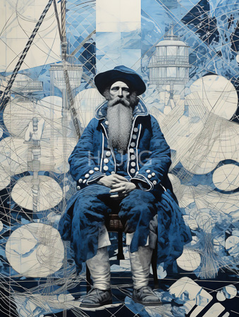 High Resolution: Intricate blue-toned photograph of elderly man long white beard and mustache sitting on wooden chair abstract background geometric shapes download. | HRJPG.com