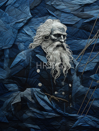 High Resolution: Intricately detailed three-dimensional sculpture depicting an elderly man with long white hair and beard against crumpled blue fabric background download. | HRJPG.com