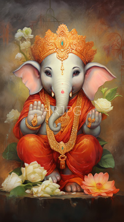 High Resolution: Ganesha an elephant-headed deity with gray skin and large pink ears adorned in gold jewelry intricate headgear turquoise gemstones download. | HRJPG.com