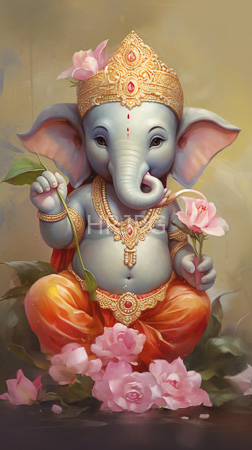 High Resolution: Ganesha an elephant-headed deity with blue skin and large ears holding pink lotus flowers in both hands adorned with gold jewelry download. | HRJPG.com