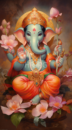 High Resolution: Ganesha an elephant-headed Hindu deity with blue skin and large ears adorned in gold jewelry belt buckle holding lotus flowers download. | HRJPG.com