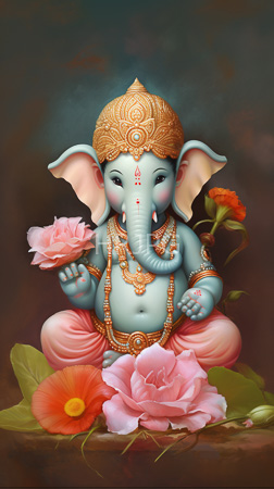 High Resolution: Ganesha an elephant-headed deity with blue skin and large ears holding pink lotus flowers adorned in gold jewelry ornate headgear download. | HRJPG.com