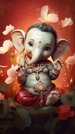 High Resolution: Adorable chubby baby elephant deity large ears and trunk adorned in ornate gold jewelry warm red-orange background blooming white lotus flowers download. | HRJPG.com