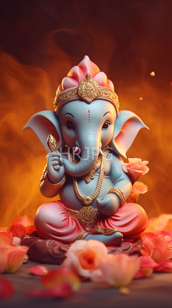 High Resolution: Ganesha an elephant-headed deity with blue skin and pink attire adorned in gold jewelry holding lotus petals fiery orange background download. | HRJPG.com