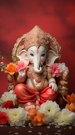 High Resolution: Intricately detailed white-painted Ganesha statue with large ears and trunk holding pink flowers against red background adorned in gold jewelry download. | HRJPG.com