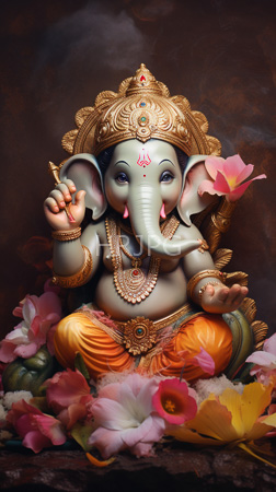 High Resolution: Intricately detailed colorful statue depicting Ganesha with gray skin and large ears adorned in gold jewelry ornate headgear red gemstones download. | HRJPG.com