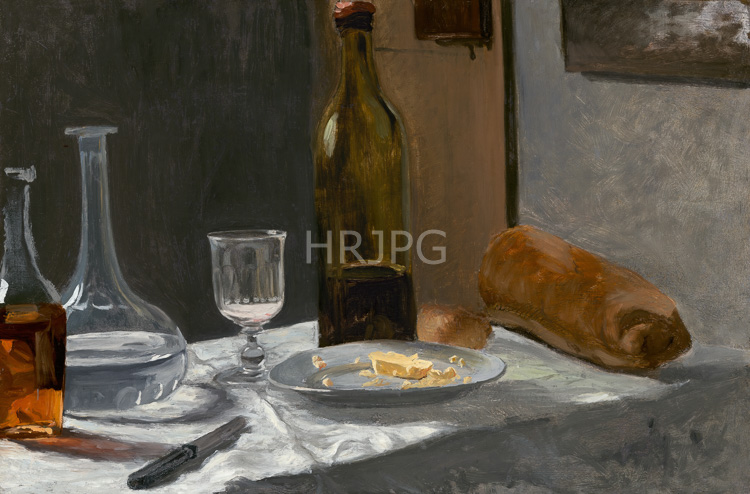High Resolution: Claude Monet Still Life with Bottle Carafe Bread and Wine 1862 download. | HRJPG.com