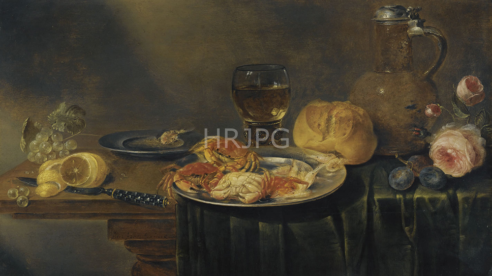 High Resolution: Still Life with Roses a Jug a Loaf of Bread a Filled Wine Glass a Silver Plate with a Crab Grapes and a Lemon-Alexander Adriaenssen-1646 download. | HRJPG.com