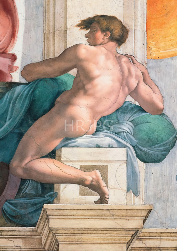 High Resolution: Ignudo next to Separation of Land and Water-Michelangelo Buonarroti-1508 1512 download. | HRJPG.com