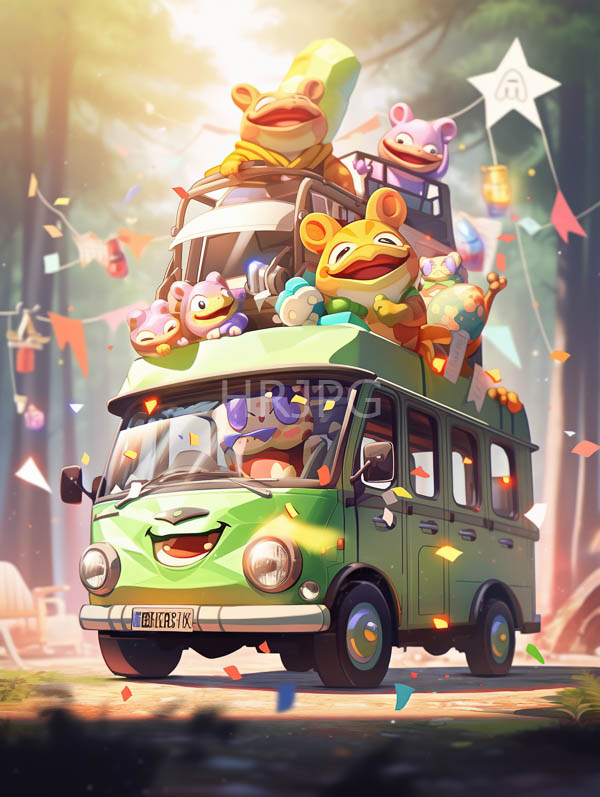 green vintage van filled with colorful anthropomorphic frogs is adorned with festive flags and confetti driving through a forest 6992