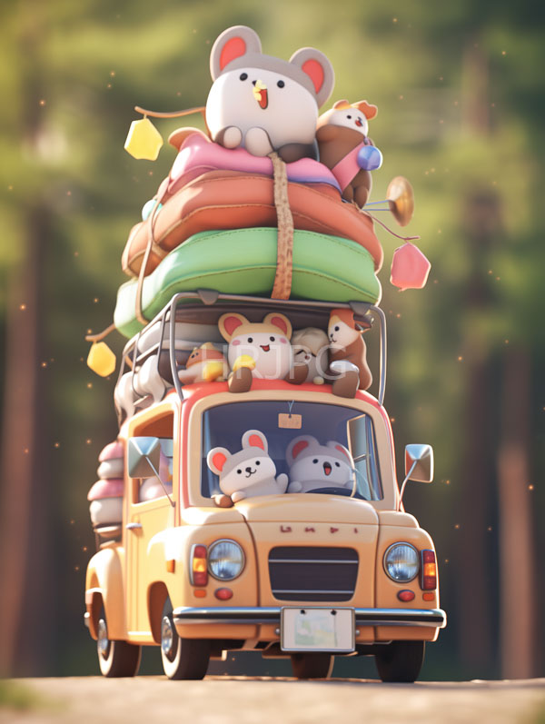 yellow vintage suv packed with adorable cartoon style stuffed animals including white mice and colorful plush toys drives on a forest road 640