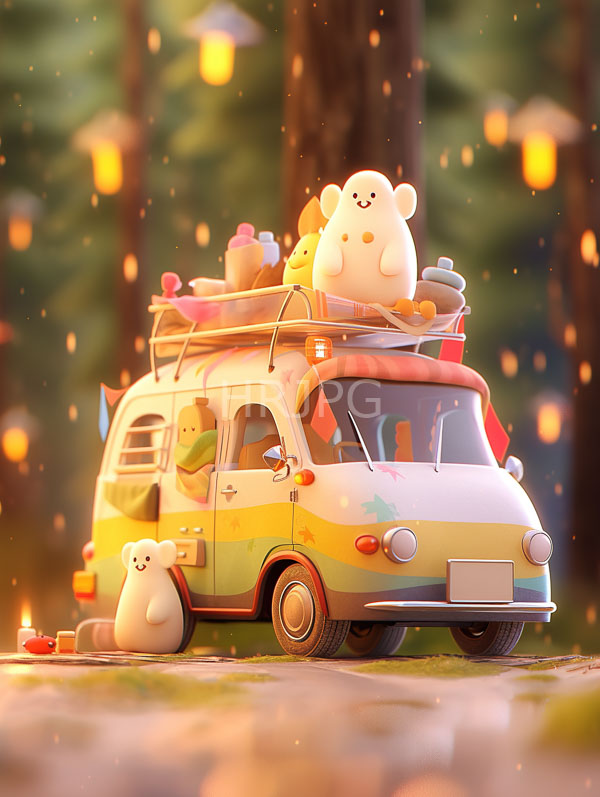 whimsical pastel colored vintage van parked in a forest at dusk is adorned with a roof rack and three cute white bear like characters 8156