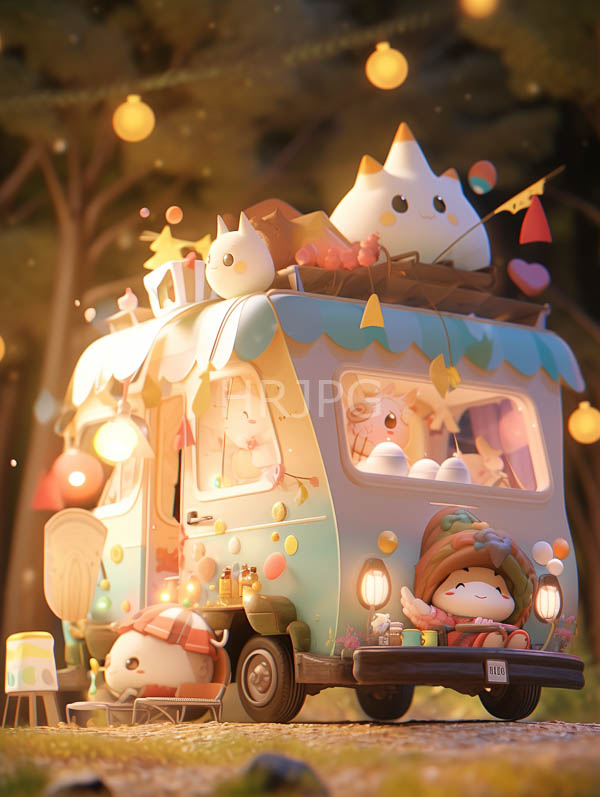 whimsical pastel colored vintage camper van adorned with festive decorations is filled with cute cartoon style animals including a white cat and a fluffy dog 9653