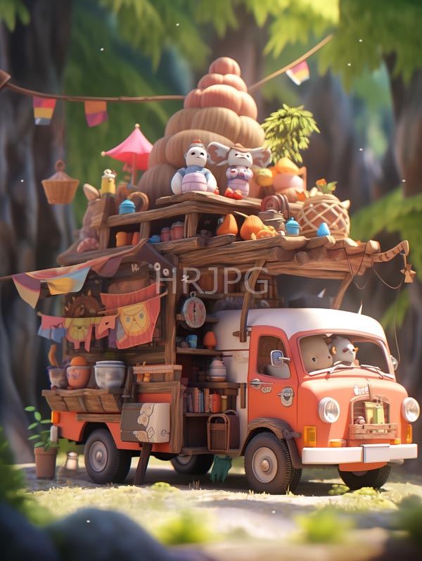 whimsical orange vintage volkswagen van is transformed into a charming wooden food cart adorned with colorful flags and filled with plush animals 3349
