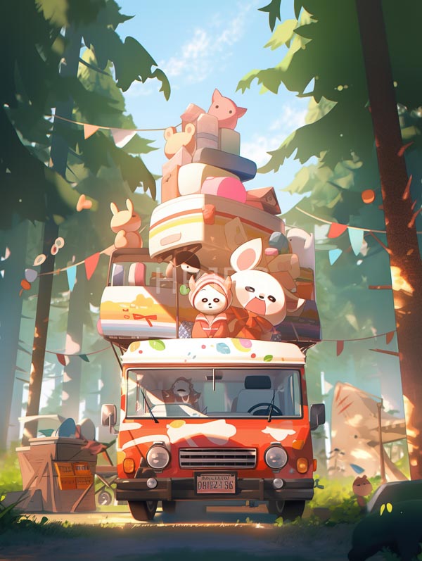 whimsical colorful forest scene features a vintage orange van overflowing with stacked oversized stuffed animals and travel bags with bunny plushies in the front 7122