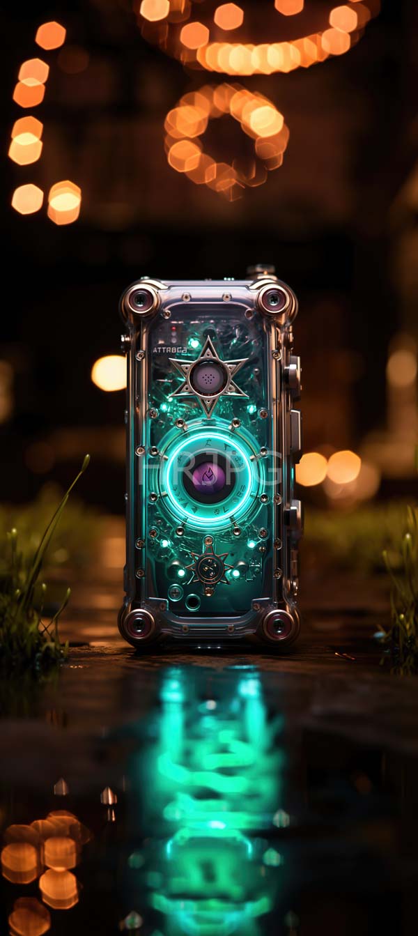 vintage style teal colored illuminated camera with a glowing purple lens stands on a reflective surface against blurred warm orange bokeh lights 304