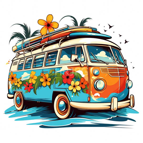 colorful vintage volkswagen van bright orange and blue paint job adorned vibrant tropical flowers van has surfboard and large 8415