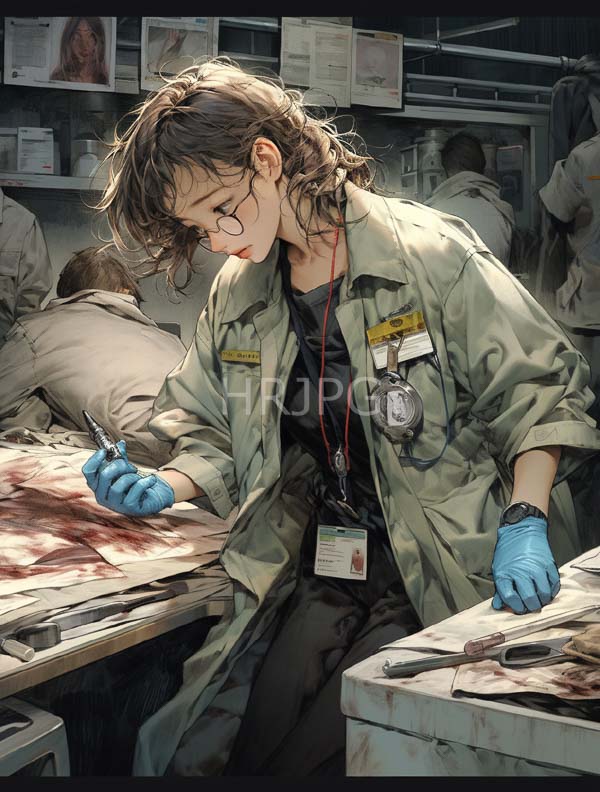 anime style young woman with curly brown hair and glasses wears blue gloves while working in a lab or workshop setting dressed in green overalls adorned with name tags 2380