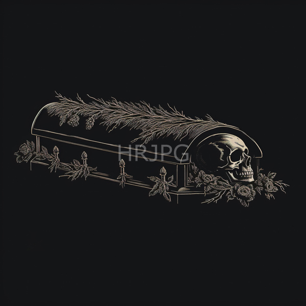 intricately detailed gold colored coffin with a realistic human skull at its head end adorned by feathers and roses surrounded by ornate candle like decorations 2266