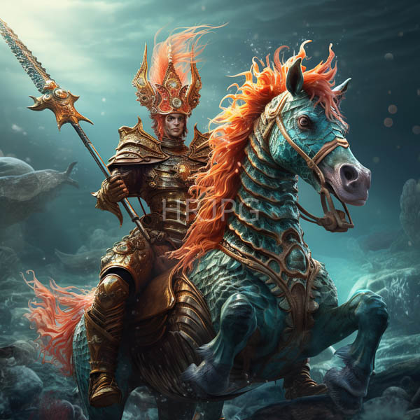 armored warrior with fiery orange hair and ornate golden helmet riding a blue scaled horse adorned in gold armor underwater with sunlight filtering from above 7254