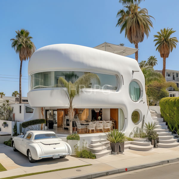 avant garde white concrete house with rounded shapes and large circular windows features palm trees in the front yard and a vintage cream colored car 2951