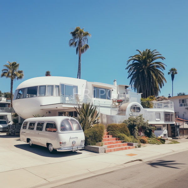 modern white mid century inspired houses with rounded windows and balconies a vintage cream colored volkswagen bus is parked at street level 4545